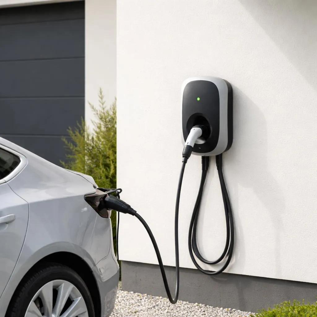 Borne de recharge murale branchée sur une voiture électrique devant une façade